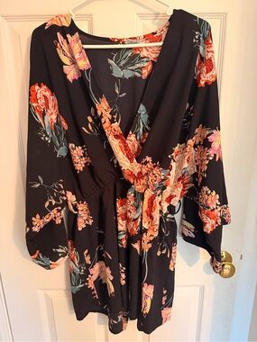 Navy Floral Wrap Romper with Pink and Orange Blooms